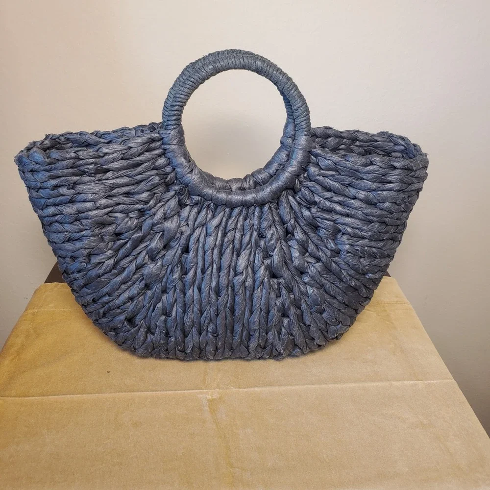 Bujibaja Charcoal Gray Woven Straw Fan Tote Bag Circular Handle Summer Beach